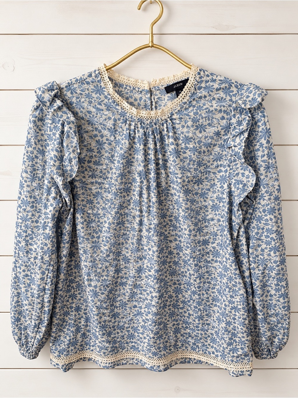 J.Crew Blue & White Floral Ruffle Blouse — Small - Picture 2 of 12